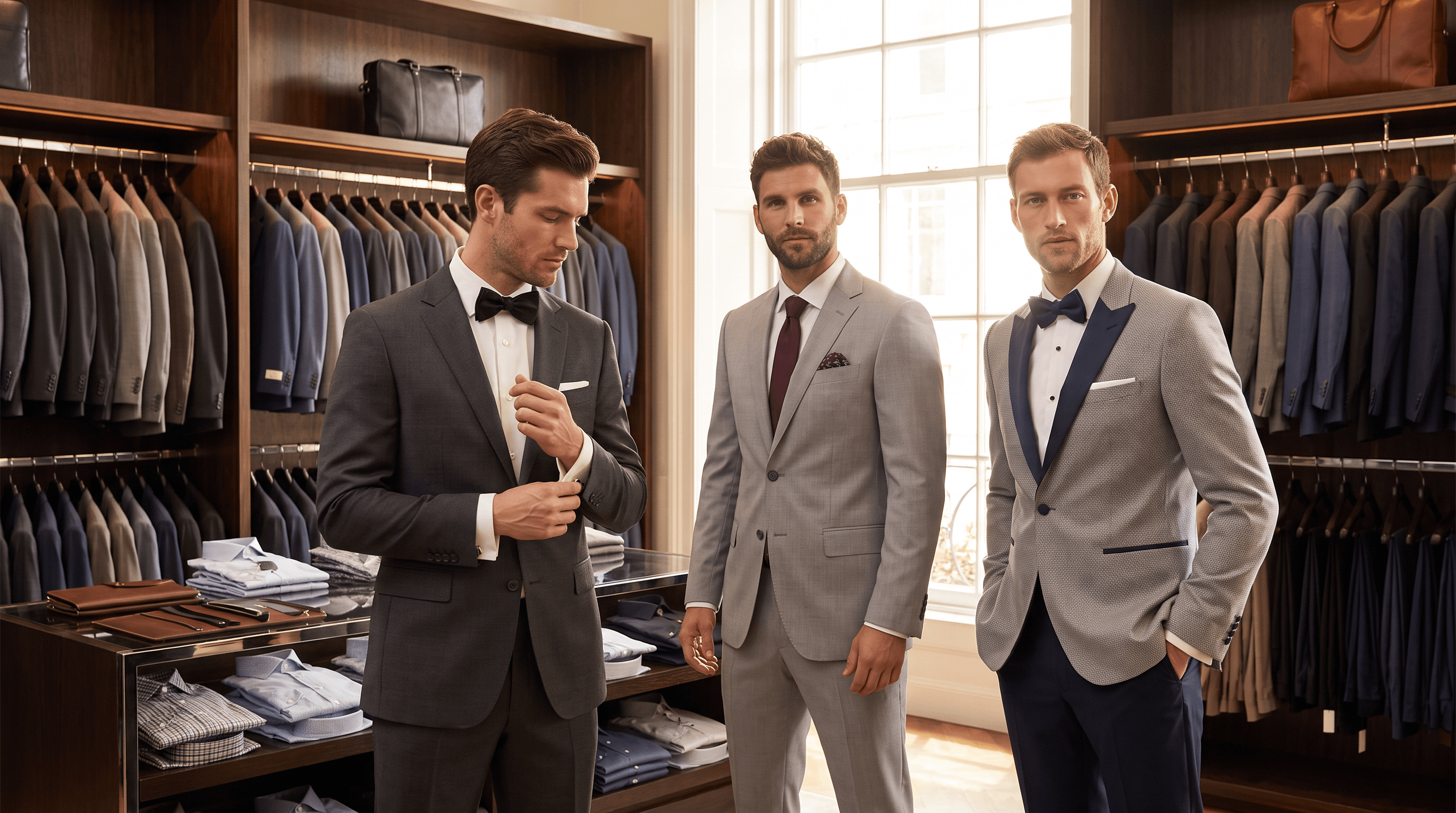 Three men modeling tailored suits and formalwear in a menswear showroom